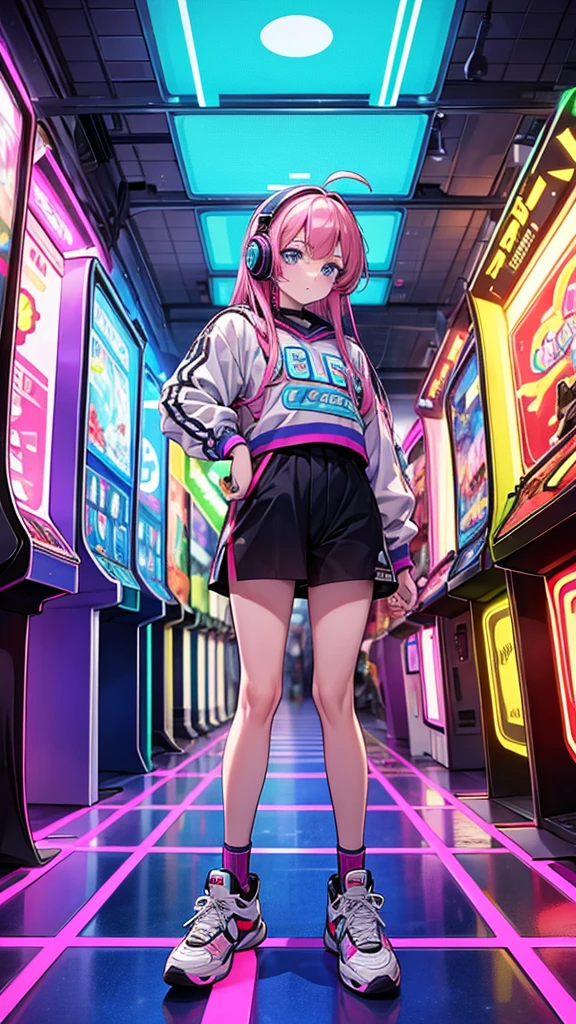 Teenagers wearing colorful jerseys and sneakers、Wearing big headphones, he plays Space Invaders in a neon-lit arcade.。