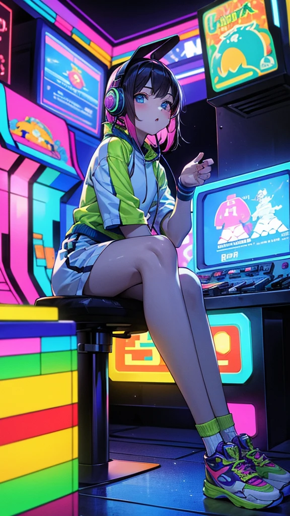 Teenagers wearing colorful jerseys and sneakers、Wearing big headphones, he plays Space Invaders in a neon-lit arcade.。
