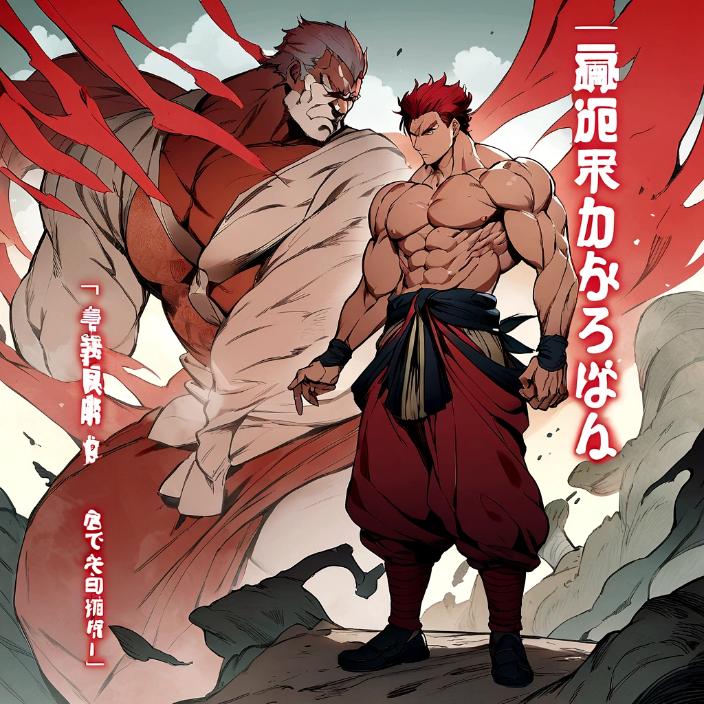 Man red hair protective muscular full body, a geisha poses next to him, manga cover