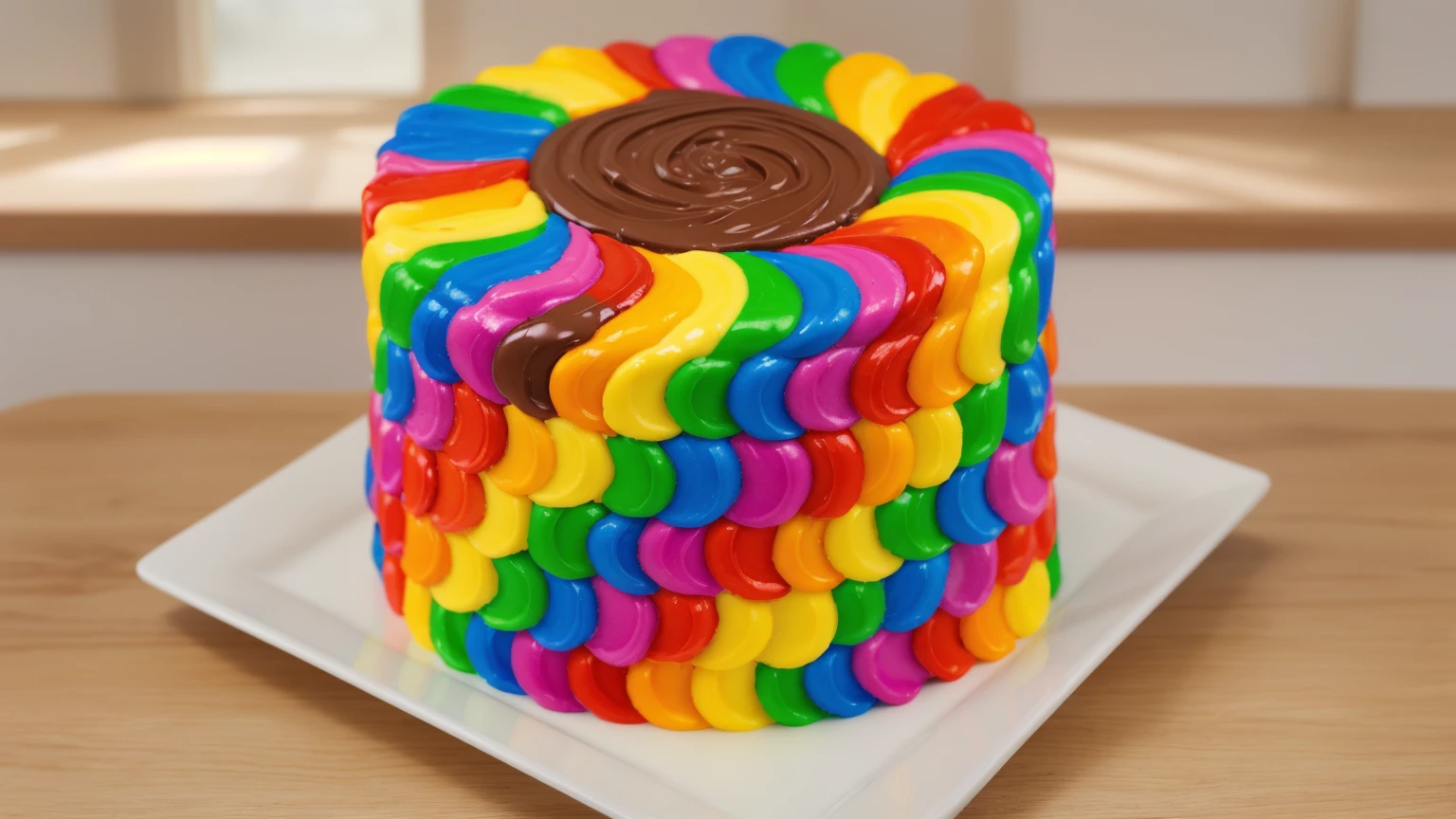 on a wooden table. there is a square white plate. rainbow cream cake. smears of cream in a checkerboard pattern, hole with chocolate drips on top,  ((cream highlights)), against the background of the kitchen, Kitchenware, vases with plants, Beautiful light from the window, contour light, Multiple light sources, beautiful sunlight, Bright light source, bright lighting, beautiful light sources, Multiple light sources, Realistic style , realistic texture, detailed texture, A high resolution, high quality, macro photography 
