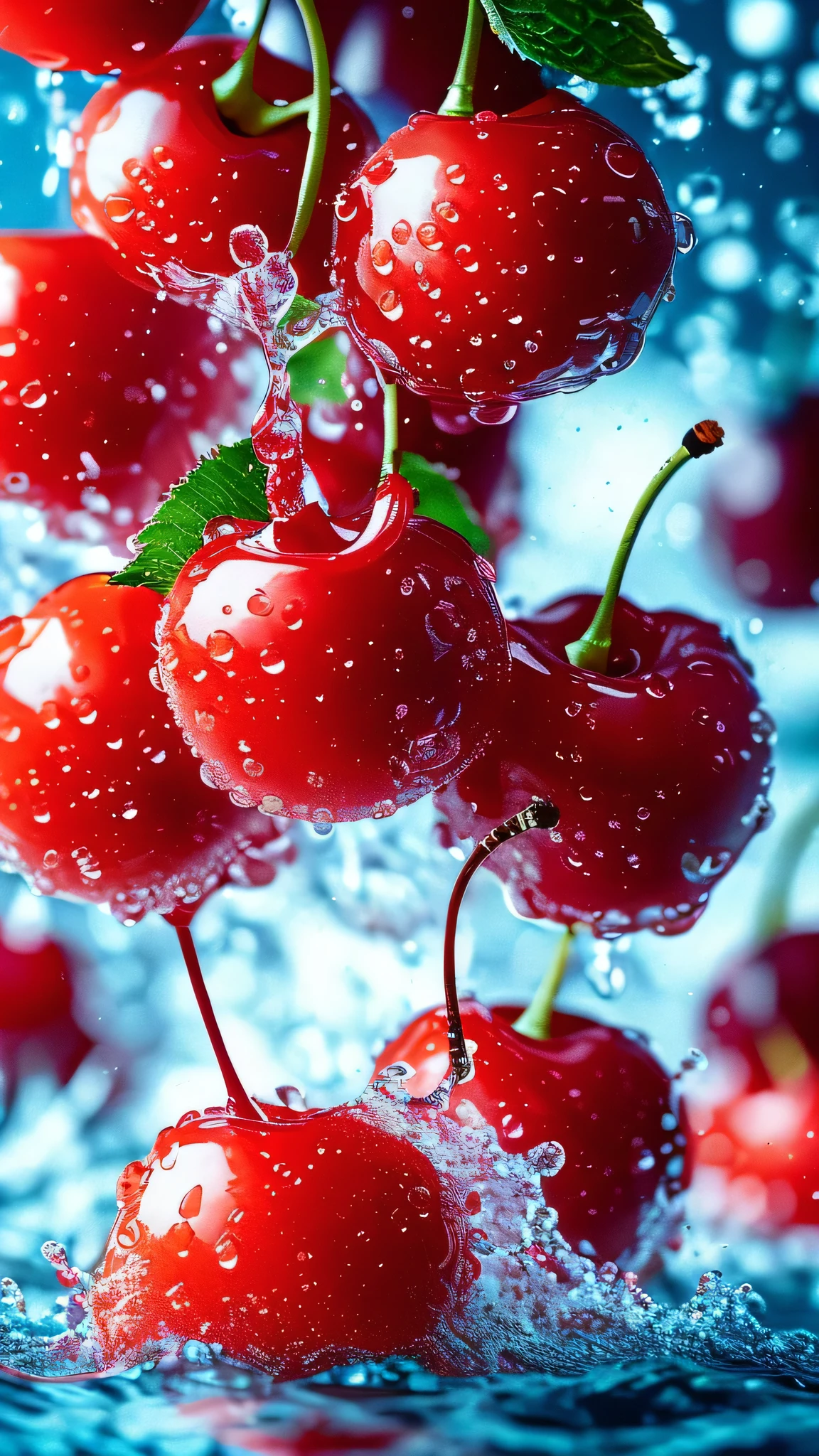 Real photography of 3 cherries falling into water and splashing water drops. Business style, Macro Photography, background, Warm lighting, Cool tones create splash effects. Cherries covered with white spots, Cherries falling from the sky, Forming a splashing liquid water ball. HD photography quality.