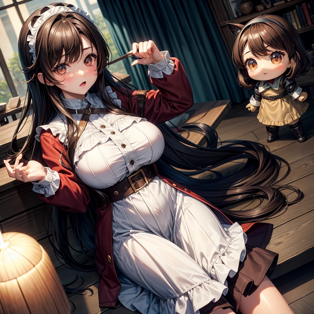 long dark hair / big tits / brown eye / doll cute outfit