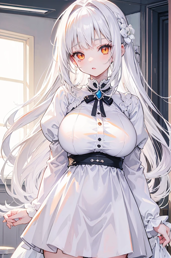 Anime, teenage girl, big breasts, white hair, white skin, white dress, long hair, สวยและcute, gentle nature, Moles at the corner of the lower mouth, orange eyes, Real Lifestyle, Private outfit, cute