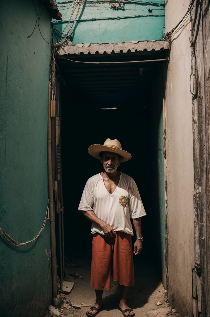 Man wearing mexican hat in dark favela