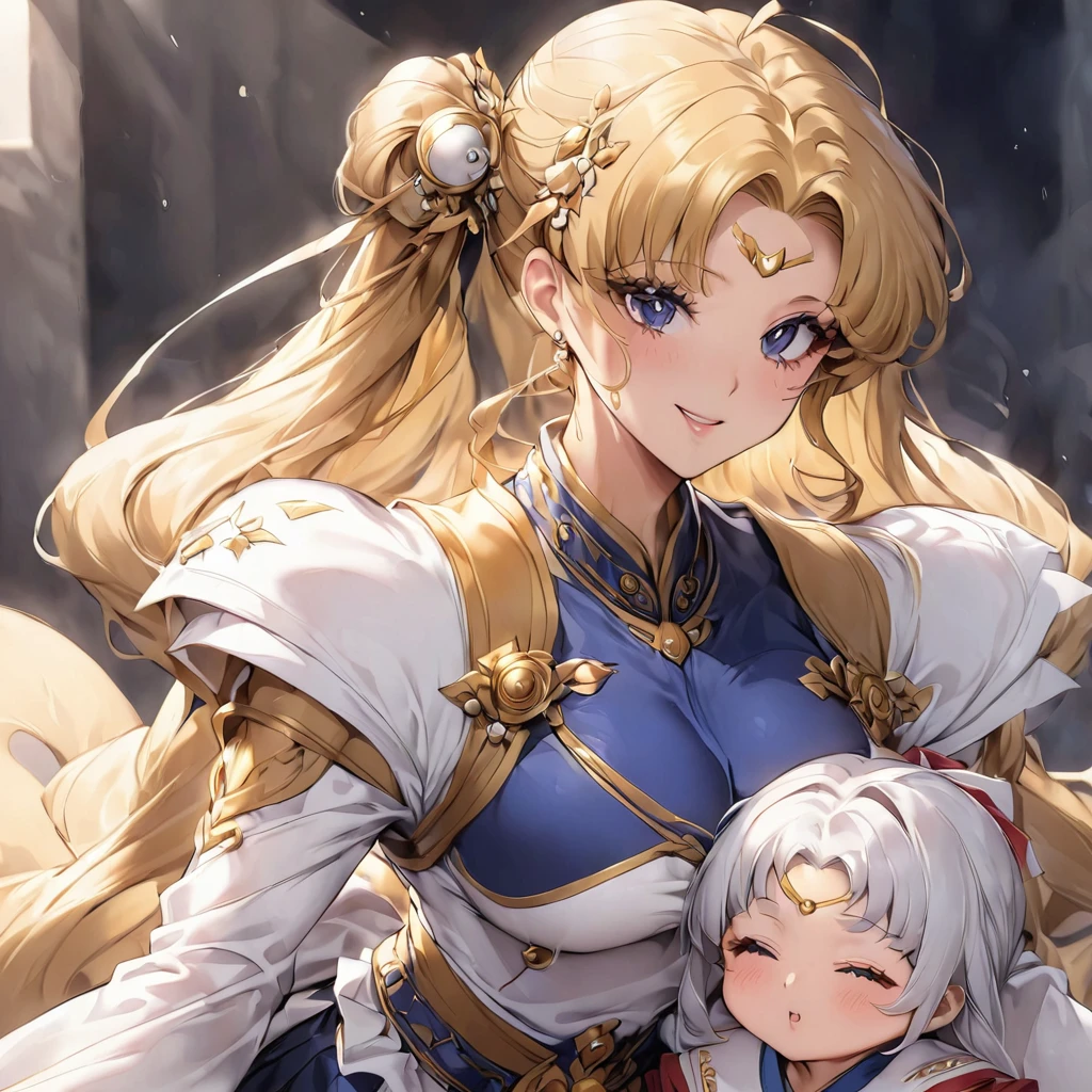 ((Highest quality)), ((masterpiece)), (detailed), (Perfect Face)、Women areモンゴル人の月野うさぎでモンゴル民族の豪邸で豪華で色鮮やかなモンゴル民族衣装デールを着て豪華な宝飾されたアクセサリーにエンゲージリングをつけて女と男は豪華な部屋の豪華で大きなソファーに座りWomen are威厳のある逞しい髭の生えたモンゴル民族衣装を着たモンゴル人の中年男性に抱き寄せられている、Women are気品のある月野うさぎで金髪ロングヘアのシニョンツインテールでWomen areモンゴル民族衣装の色鮮やかなデールを着ているのモンゴル人の月野うさぎ、The man is a dignified, sturdy, bearded Mongolian man wearing Mongolian national dress.、Women are10Holding her year-old daughter