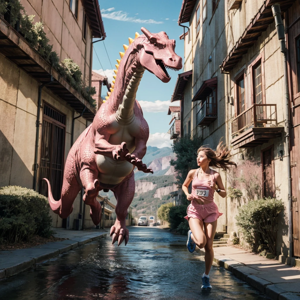A running pink dinosaur and a beautiful woman running away,masterpiece,Highest quality,8K,High resolution,Finely detailed,
modern style,Realistic,Real,Photorealistic,Actual photo,colorful,
Award-winning,Browsing Caution,