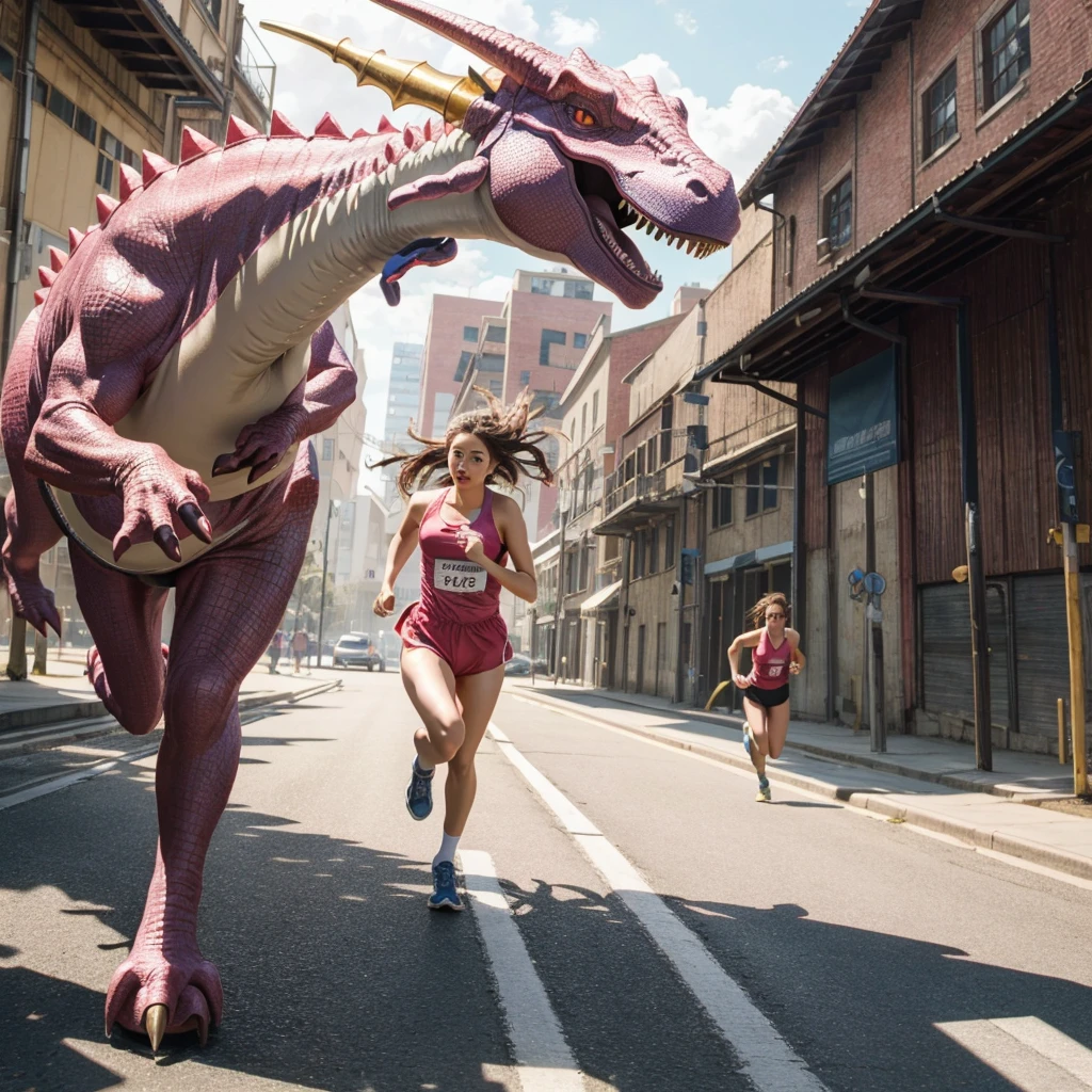 A running pink dinosaur and a beautiful woman running away,masterpiece,Highest quality,8K,High resolution,Finely detailed,
modern style,Realistic,Real,Photorealistic,Actual photo,colorful,
Award-winning,Browsing Caution,