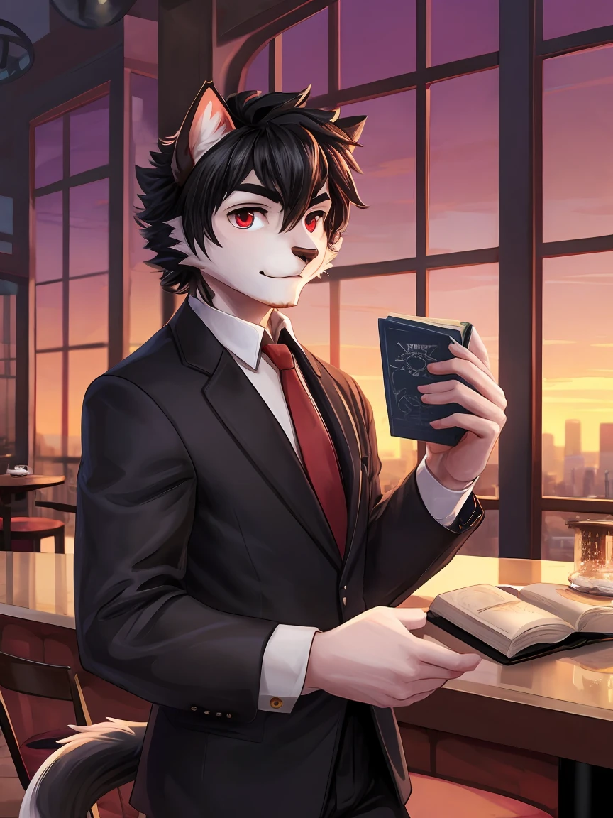 White Cat Boy，Black hair，Red eyes，White hairy hands，Black suit，Dark and thick eyebrows，Red tie，Cafe，City sunset，Holding a magic book in hand