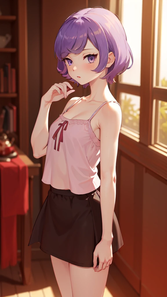 gonzarez, masterpiece, 1girl, solo ,  short hair, purple hair, purple eyes, camisole, skirt