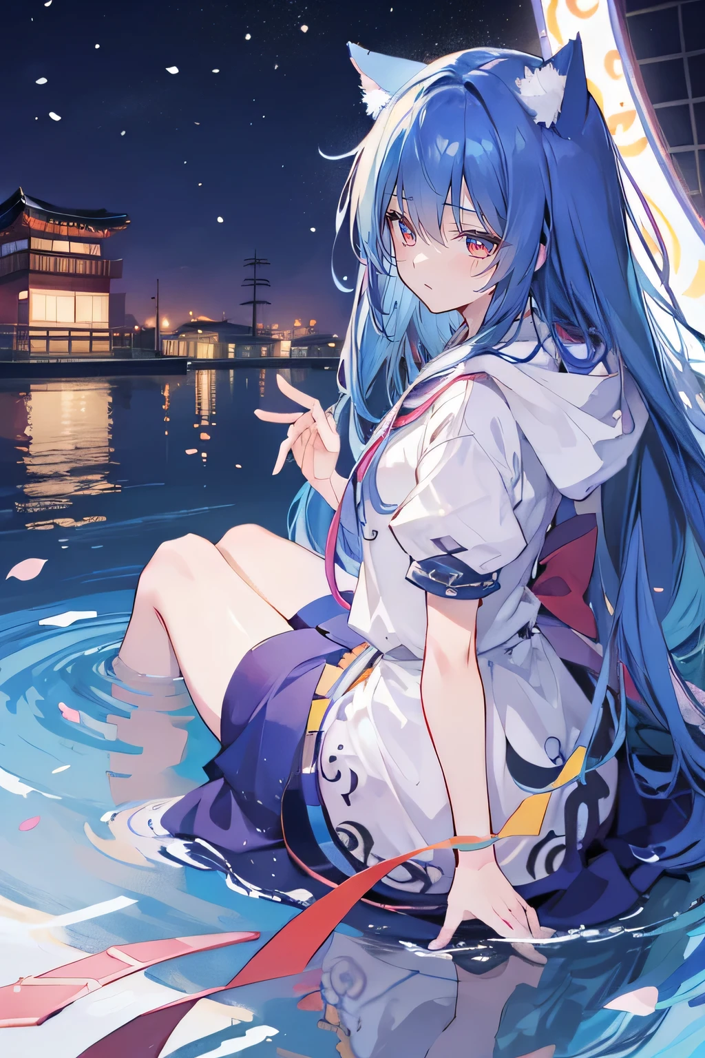 （masterpiece：1.2），Super detailed，lifelike，Expressive eyes，fair skin，perfect face shape，1 girl，
Japanese comics,Gorgeous blue hair,flowing blue hair,flowing clothes,Cat ears,Petals fall,beautiful lola,Baby Angel,
Shaking head with one hand，Cross your legs，Gentle and peaceful background，The pavilion is cool and comfortable,smile, wearing hoodie, background of tokyo,back views,snowing, winter,lie on the water，Lying on the ground。