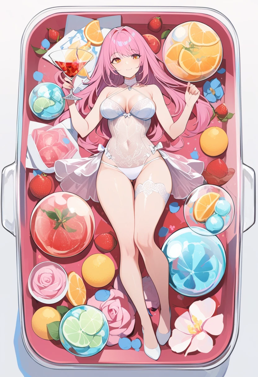 1 girl huge , Sexy Lingerie，red，Bright Eyes，Clear facial features，In a container,  Cocktail Glass,  whole body,closure_up，masterpiece，high resolution，