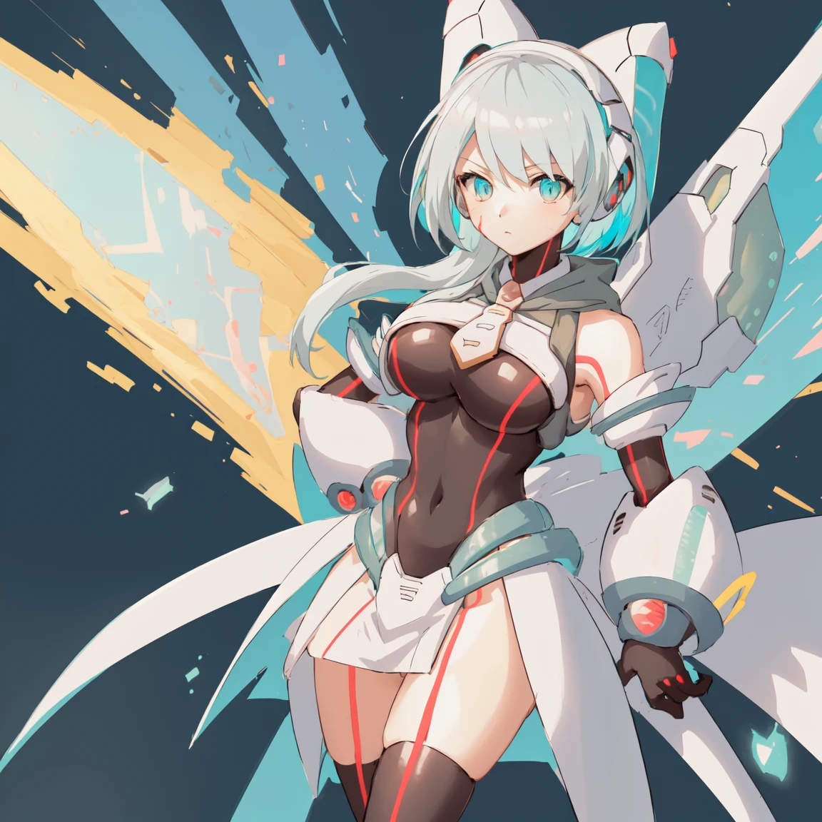 ico_megamanxdive, 1girl, blue eyes, solo, white hair, android, large breasts, black gloves, short hair, thighhighs, necktie, high quality, masterpiece, standing with green flames coming from a tree