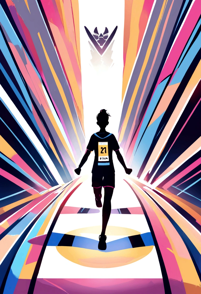 Printable t-shirt design Logo illustration of marathon runner crossing finish line with triumphant look.