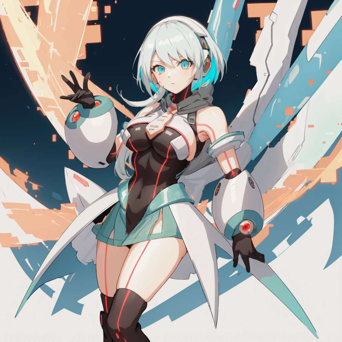 ico_megamanxdive, 1girl, blue eyes, solo, white hair, android, large breasts, black gloves, short hair, thighhighs, necktie, high quality, masterpiece, standing with green flames coming from a tree