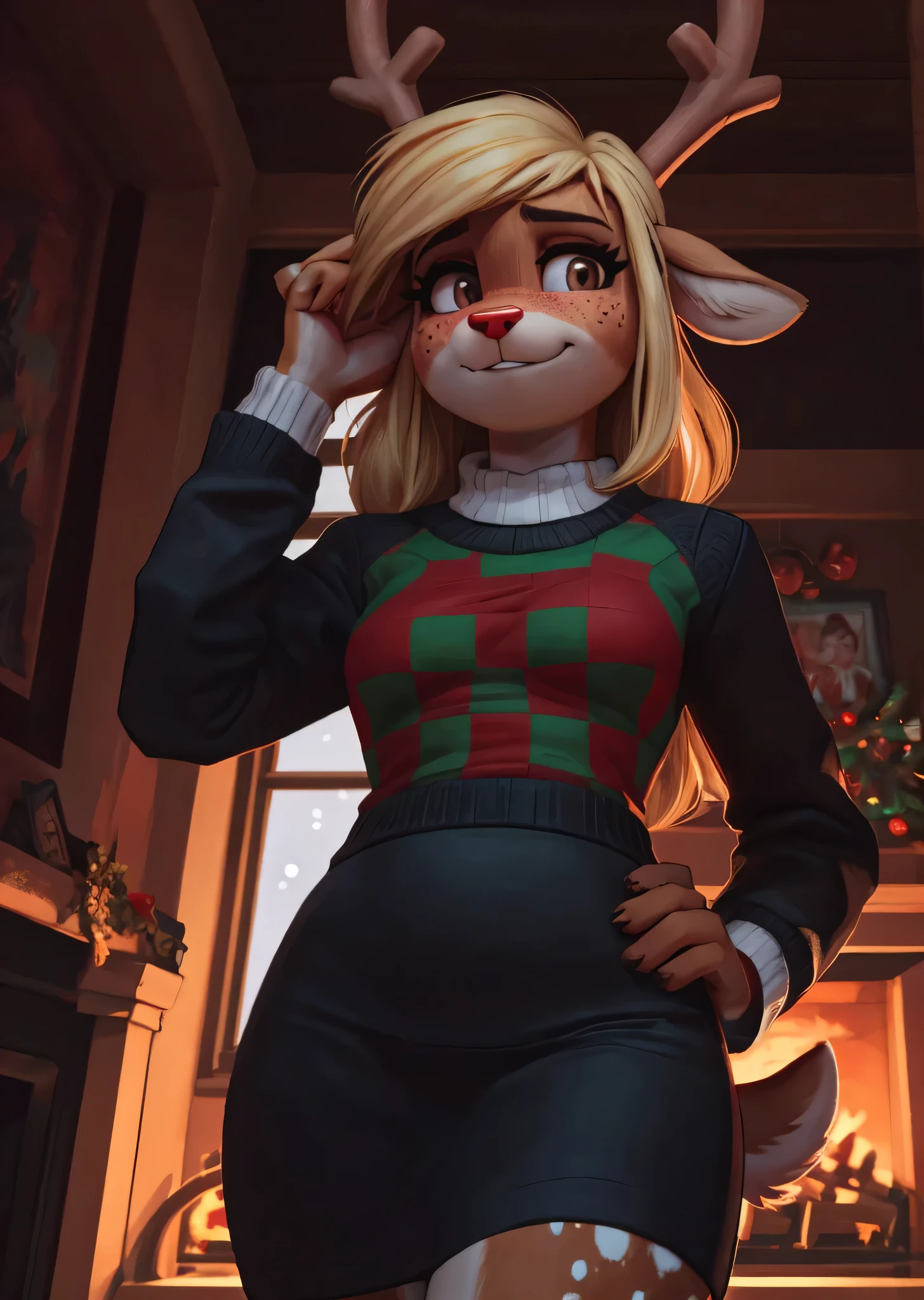 [noelleholiday], [Deltarune], [Uploaded to e621.net; (Pixelsketcher), (wamudraws), (woolrool)], ((masterpiece)), ((HD)), ((high res)), ((solo portrait)), ((low angle view)), ((waist up)), ((furry; anthro)), ((detailed fur)), ((detailed shading)), ((beautiful render art)), ((intricate details)), {anthro deer; brown fur, red nose, brown eyebrows, (cute freckles), cute brown eyes, (short eyelashes), (deer antlers), long blonde hair, short fluffy tail, (beautiful defined legs), (blushing), (nervous smirk)}, {(green and red white-collared checkered sweater), (black sleeves), (short black pencil skirt)}, {(standing), (hand in hair), hand on hip, (looking in the distance)}, [background; (living room), (fireplace), (christmas decorations), (window), (snow in window), (starry sky)]