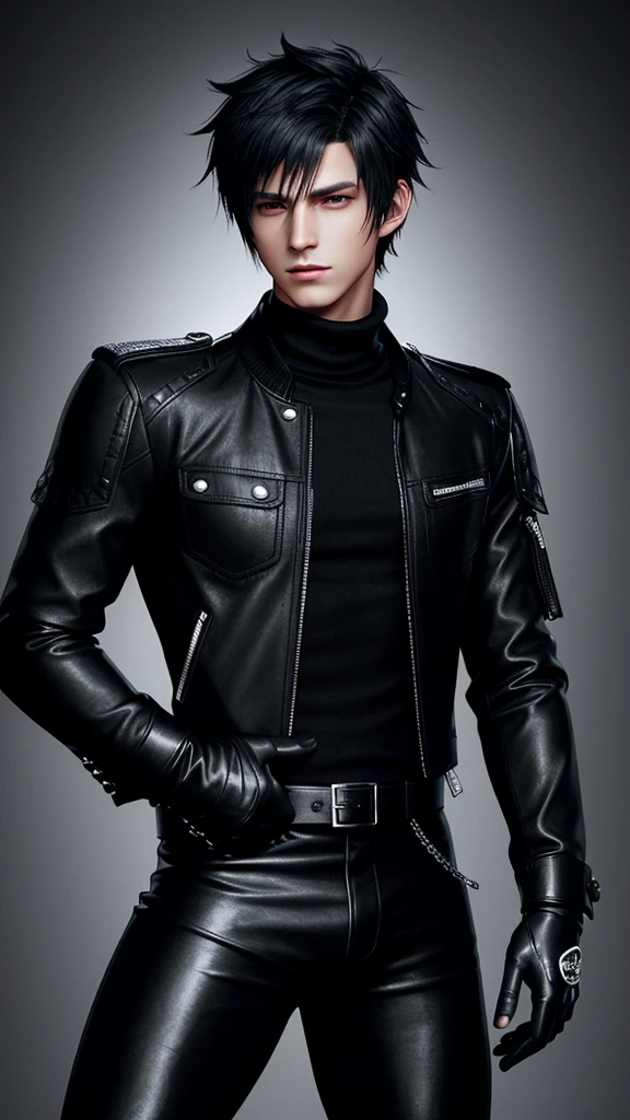 Final fantasy taste and reality graphics, Japanese young cute and cool ikemen  boy, his age is early 20s, thin eyebrows and beady eyes,  he wearing off black color leather thick singlebrest biker jacket, with epaulet,  must close the front of the leather jacket, jacket is biker style, jacket is voluminous, , jacket collar is high length stand-up collar with belts, jacket is a little black line pattern,close the front of the jacket, also wearing black thick turtleneck lackluster shirts,  tight black leather pants, shiny black leather tight and thin glove, black leather knee-high raceup boots,must views  head-to-toe,must views whole body, boy looks like fashion model,Do not show skin from the neck down,leather jacket leather glove and leather pants have few wrinkles,boy in the room,
