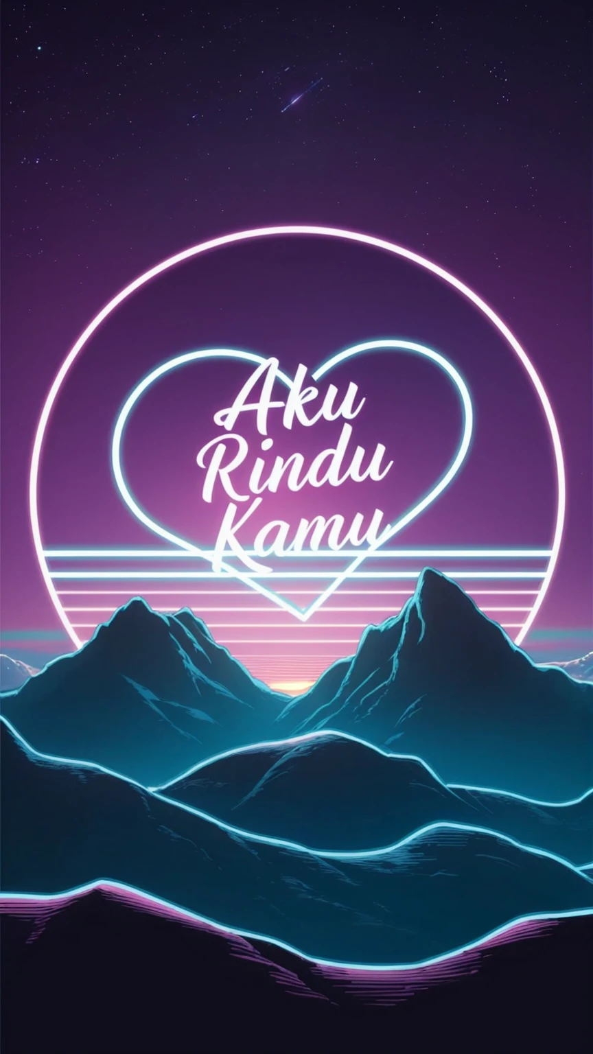 close up of medium size purple and blue sunset over the mountains, in the sky there is a shape of love and in the middle there is the writing "AKU RINDU KAMU" and below the writing, vaporwave lighting style, vaporwave wallpaper environment, neon synth wave, background vaporwave sunrise background, neon landscape, retro wave vibes, retro wave vibes, retro pink synthwave style, synthwave background, aesthetic synthwave, 4k synthwave art style, illustration, typography