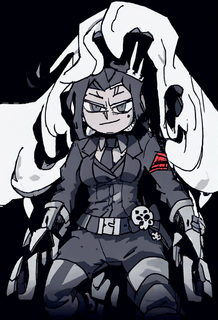 Skeleton character of medium height, military hat with a skull, dark military clothing , full body dynamic pose