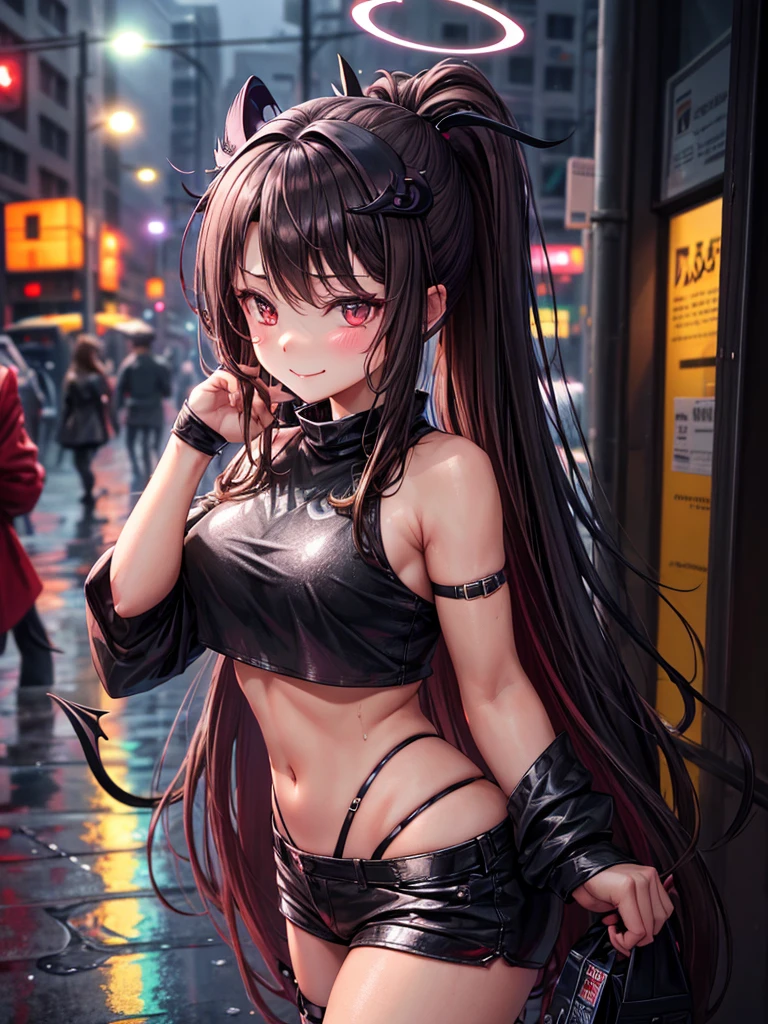 cute, girl, brown hair, ponytail, seductive smile, black thong, cloudy, street, city street, dark, rain, raining, wet, drenched, fallen angel, black halo, black wings, succubus, whore, slut, sexy, hot, skinny, halo, black halo, halo, demon horns, horns, flying, levitating, black crop top, thong, thin thong, medium-sized , 