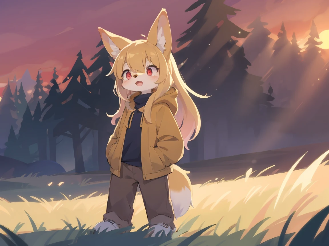 flat color,  the fox, , was hairy, shaggy, skin fur, smooth lashes, golden fur, forelimb hands, straight long blonde hair, solid circle eyes, golden ears, golden fur, golden facial fur, shiny hair, red eyes, super cute face, 1fox tail, fluffy tail, furry tail, glowing eyes, green coat green hood down, brown trousers, standing, open mouth, ambient light, ultra-fine fur, dashed eyes, (full body), masterpiece, high quality, high-details, best quality, wide short, (((solo))), twilight, sun light, red sky, rim light