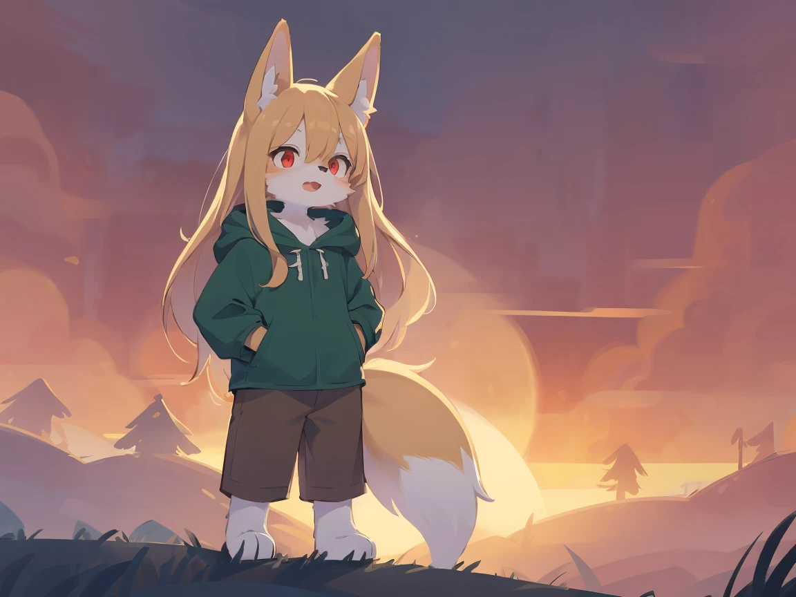 flat color, shota the fox, , was hairy, shaggy, skin fur, smooth lashes, golden fur, forelimb hands, straight long blonde hair, solid circle eyes, golden ears, golden fur, golden facial fur, shiny hair, red eyes, super cute face, 1fox tail, fluffy tail, furry tail, glowing eyes, green coat green hood down, brown trousers, standing, open mouth, ambient light, ultra-fine fur, dashed eyes, (full body), masterpiece, high quality, high-details, best quality, wide short, (((solo))), twilight, sun light, red sky, rim light