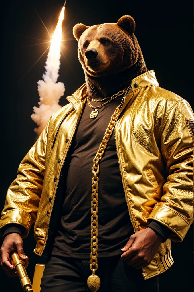 A bear with golden chain and jacket and holding a rocket launcher