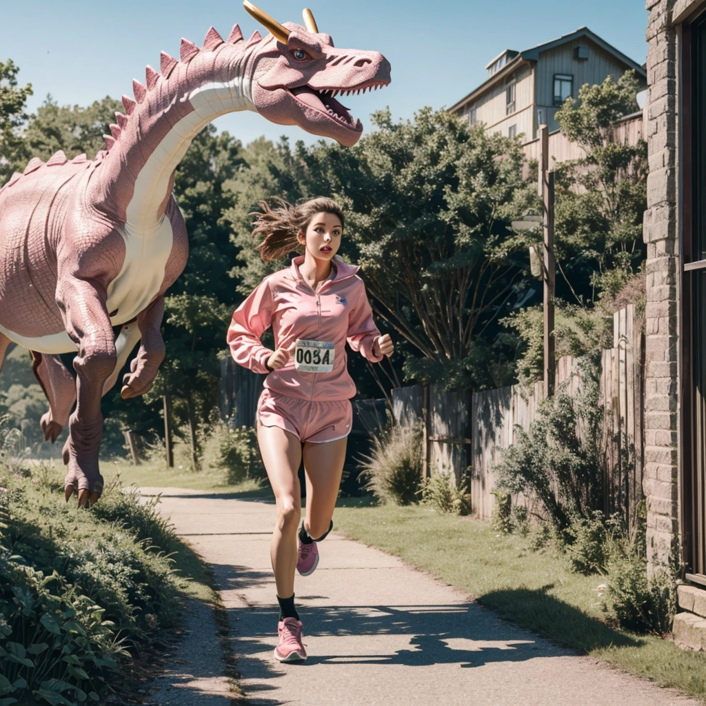 A running pink dinosaur and a beautiful woman running away,masterpiece,Highest quality,8K,High resolution,Finely detailed,
modern style,Realistic,Real,Photorealistic,Actual photo,colorful,
Award-winning,Browsing Caution,