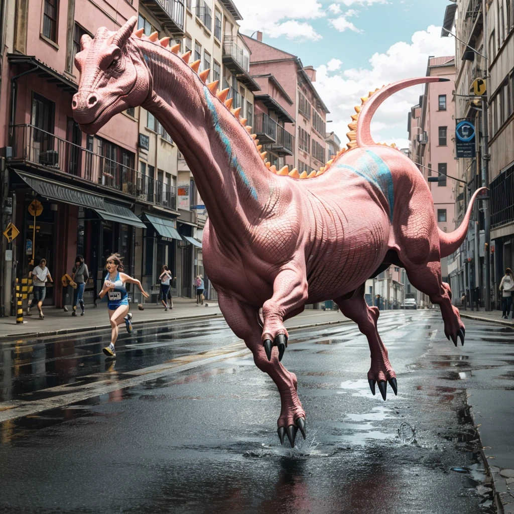 A running pink dinosaur and a beautiful woman running away,masterpiece,Highest quality,8K,High resolution,Finely detailed,
modern style,Realistic,Real,Photorealistic,Actual photo,colorful,
Award-winning,Browsing Caution,
