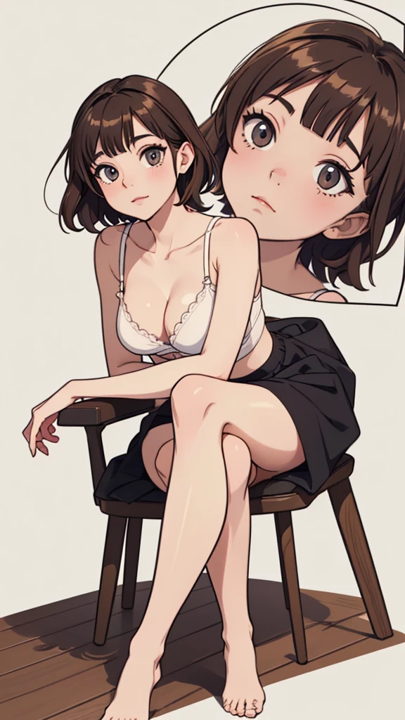 (((masterpiece, best quality, ultra highres, 1 girl, solo, no background))), super detailed skin and face and eyes and finger, beautiful japanese woman, small breasts:1.5, skinny, light brown hair, white background, very short curly pixie hair, (an illustration of girl), Knee shot, Generate with illustrations, Various expressions, Various poses, Please draw the entire character within the frame, ensuring that the head, arms, and legs are not cut off. The background should be simple, with the character positioned centrally, outline, anime, underwear, sitting,