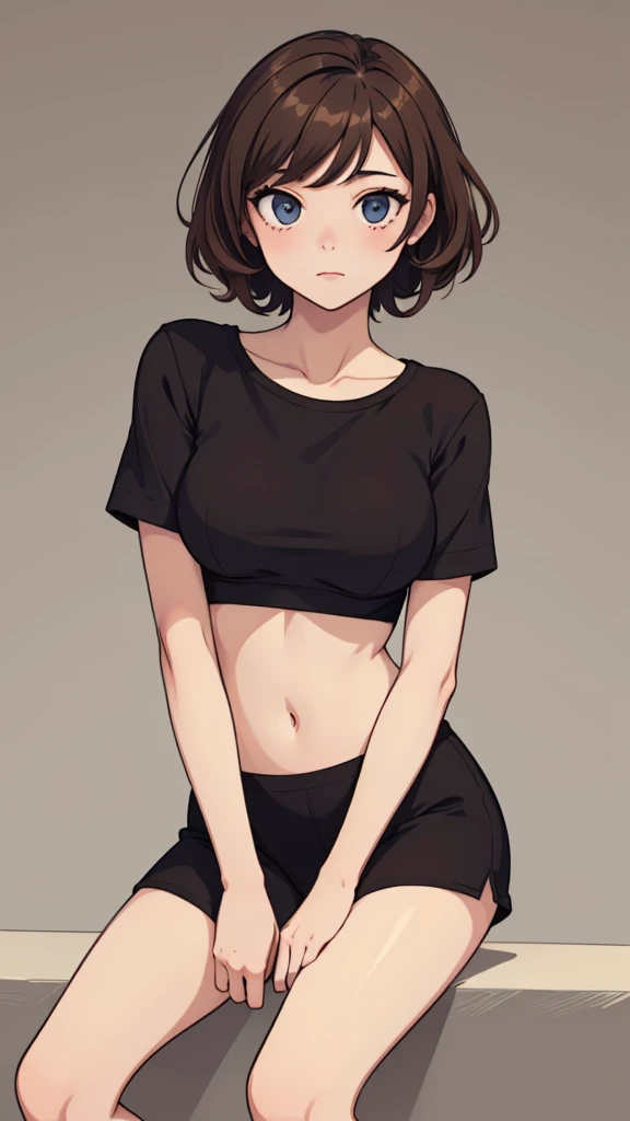 (((masterpiece, best quality, ultra highres, 1 girl, solo, no background))), super detailed skin and face and eyes and finger, beautiful japanese woman, small breasts:1.5, skinny, light brown hair, white background, very short curly pixie hair, (an illustration of girl), Knee shot, Generate with illustrations, Various expressions, Various poses, Please draw the entire character within the frame, ensuring that the head, arms, and legs are not cut off. The background should be simple, with the character positioned centrally, outline, anime, underwear, sitting,