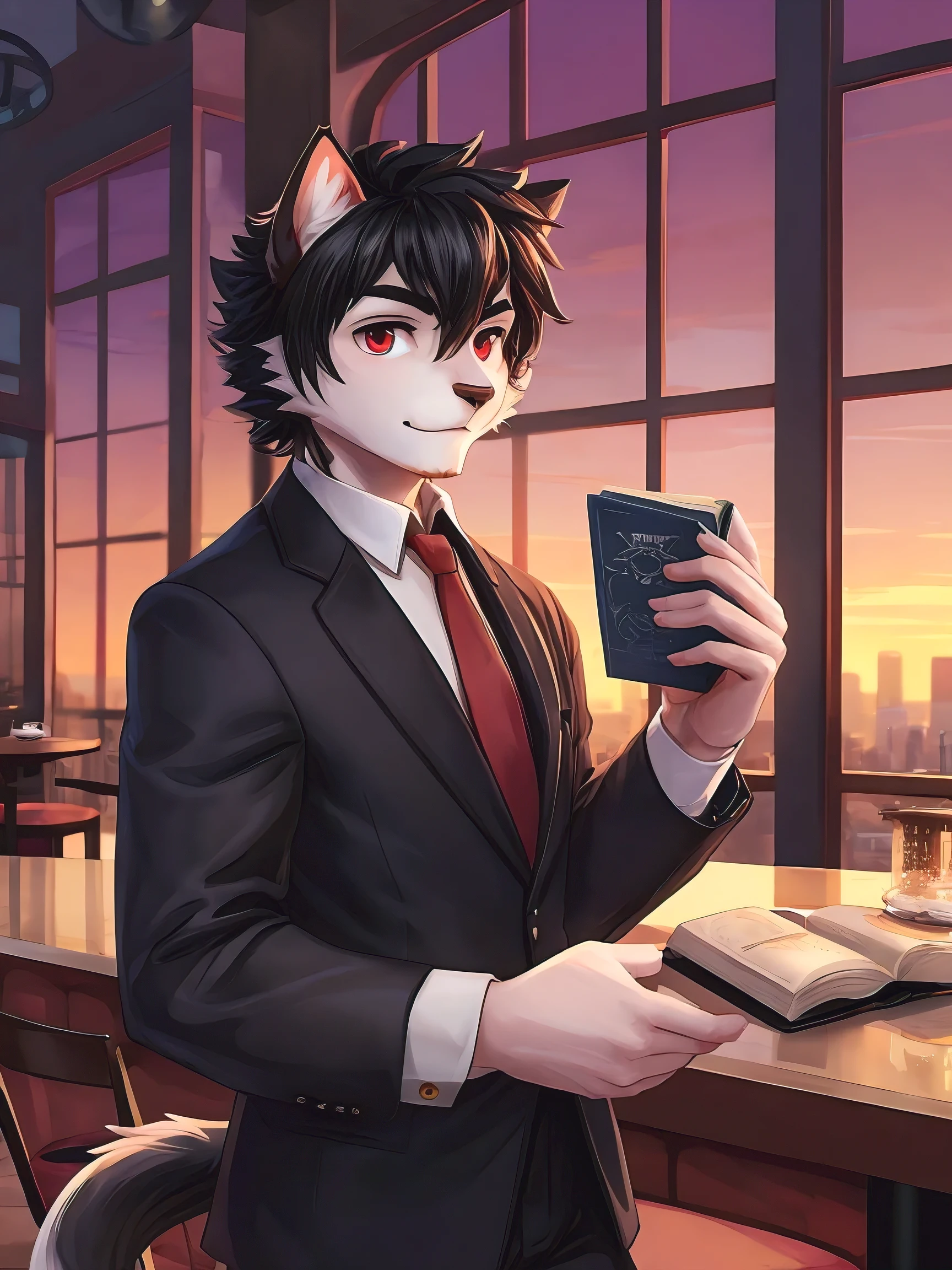 White Cat Boy,Black hair,Red eyes,White hairy hands,Black suit,Dark and thick eyebrows,Red tie,Cafe,City sunset,Holding a magic book in hand