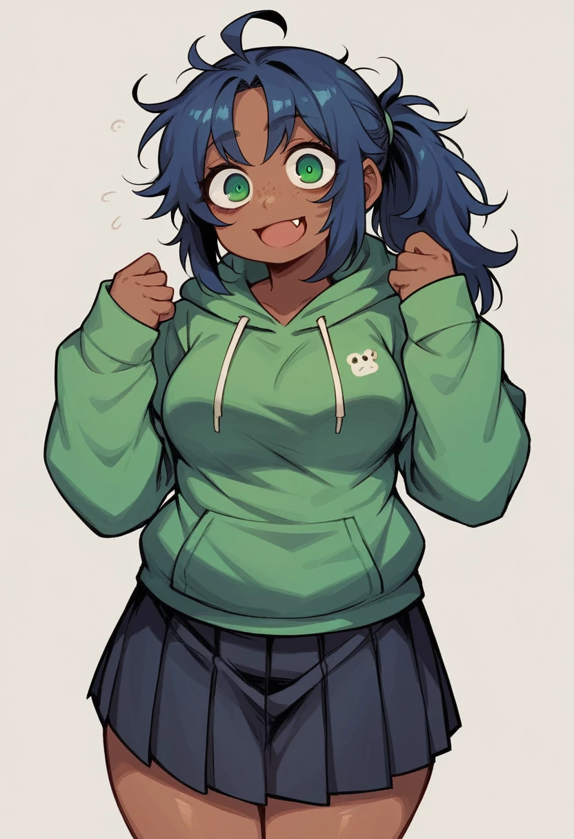 masterpiece, best quality, perfect anatomy, solo, 1girl, green eyes, bags_under_eyes, fang, dark blue hair, brown skin, long hair, messy hair, parted bangs, long sidelocks, ponytail, freckles, ahoge, medium breasts, plump, hoodie, pleated skirt, black skirt, absurdres,