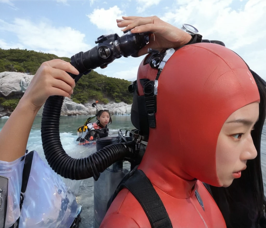 Ultra high leg、scubagear2023, ((( movie still of Italian exploitation movie))) , cinematic, film grain, by (Giuseppe pinori:Richard wong:0.2), (Foreground: scientific dive sight on the ocean shore, (ice cold) , on the diveboat vessel, Volumetric Light, ((Middleground: (closeup) pretty and young girl (Lee Sung-kuyng, clear facial features), in (crimson red fullbody neoprene):2 factured heavy drysuit, (in scuba), [oxygen tank]:0.1, after a scuba dive, , action pose, , clear facial features, perfect body,(full body portrait) )), (((Background: distant frozen mountains))), (creating an emphasis on emotions such as wonder, trill, happiness,), Blondhead women, inspired by Ron English, [au naturel]:0 1, , intricate details, trend on istock, best quality, masterpiece, 5 fingers, 1girl,、ultra HD、Ultra-thin scubawear、. The artwork is in a medium of digital painting, creating a visually striking and evocative image. With the best quality, it is a masterpiece in ultra-high resolution, showcasing the artist's skill and attention to detail.