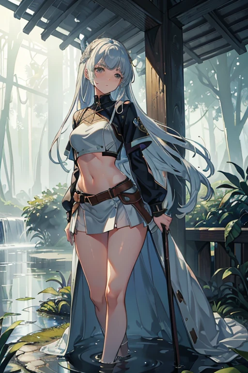 (((professional: Step by Step, taking into account even the smallest detail, God Level Final Result, full body with intricate details, only 1 girl, image: all the intricate details, Masterpiece))): "Quality 3, Wet anime, hyper details, Wet anime 17-years-old white woman with random colored hair Wet hair tied back with a red ribbon Her eyes are the same color as her wet hair, Delgado, clothing white crop top and denim miniskirt, A jungle background under a constant torrential rain that soaked them, Wet Back Posture, showing her beautiful body 92 59 90, flirty face, pedestal invisible,, Film grain, fuji colors, contrast of lights and shadows, textured skin, dynamic pose, realism, sunlight, High contrast, very sexy pose"