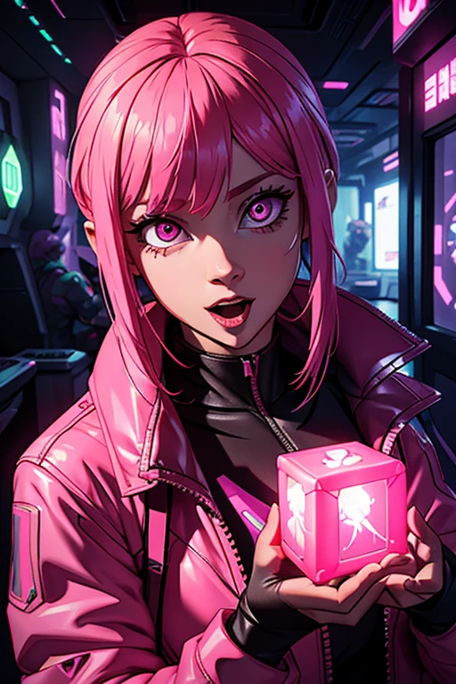 woman in a pink jacket holding a cube with a glowing face, transhumanist cyberpunk cube, (cyberpunk) pink hair 1 girl, highly detailed eyes, open mouth.
