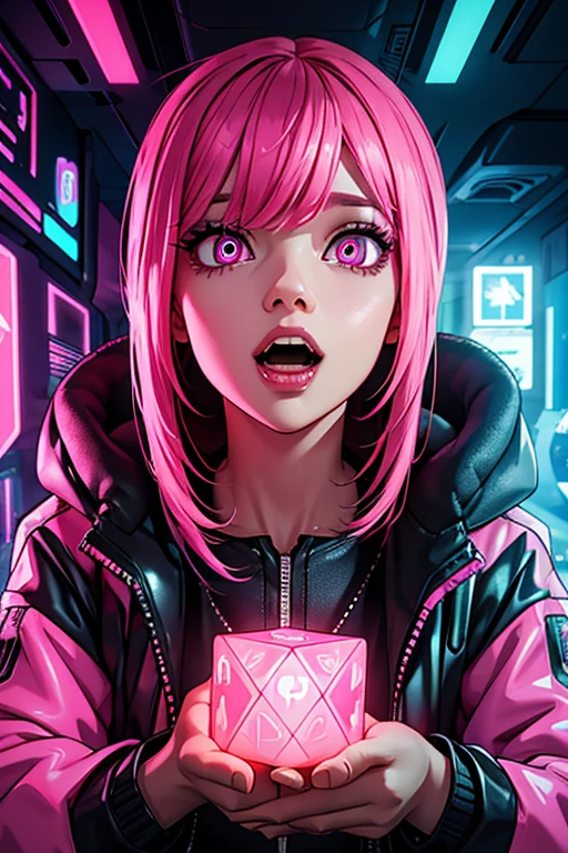 woman in a pink jacket holding a cube with a glowing face, transhumanist cyberpunk cube, (cyberpunk) pink hair 1 girl, highly detailed eyes, open mouth.