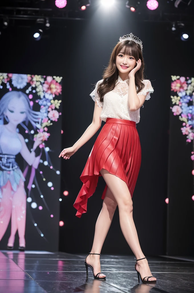 Amazingly large eyes、Smiling face、H cup bust、50cm waist、Slender and fair-skinned、Japan woman with long hair、20-year-old、Slim figure、Wearing a vivid colored, supple pleated skirt and a sheer lace blouse、Wearing high heels。On the runway at a fashion show、Her whole body was shown, from her high heels to her head, as she walked towards the viewer.、Bright, photo-quality images。
