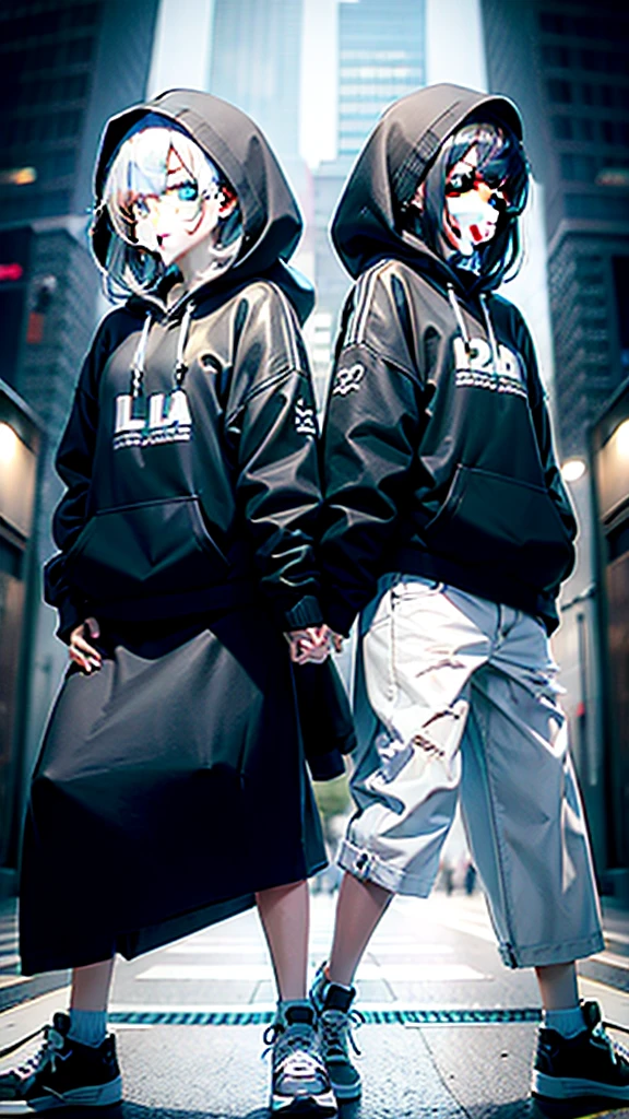 COUPLE WEAR BLACK HOODIES HOLDING HANDS WEARING RIPPED JEANS AND WHITE SHOES WITH LIGHTS AND letter L and Y on each hoodie