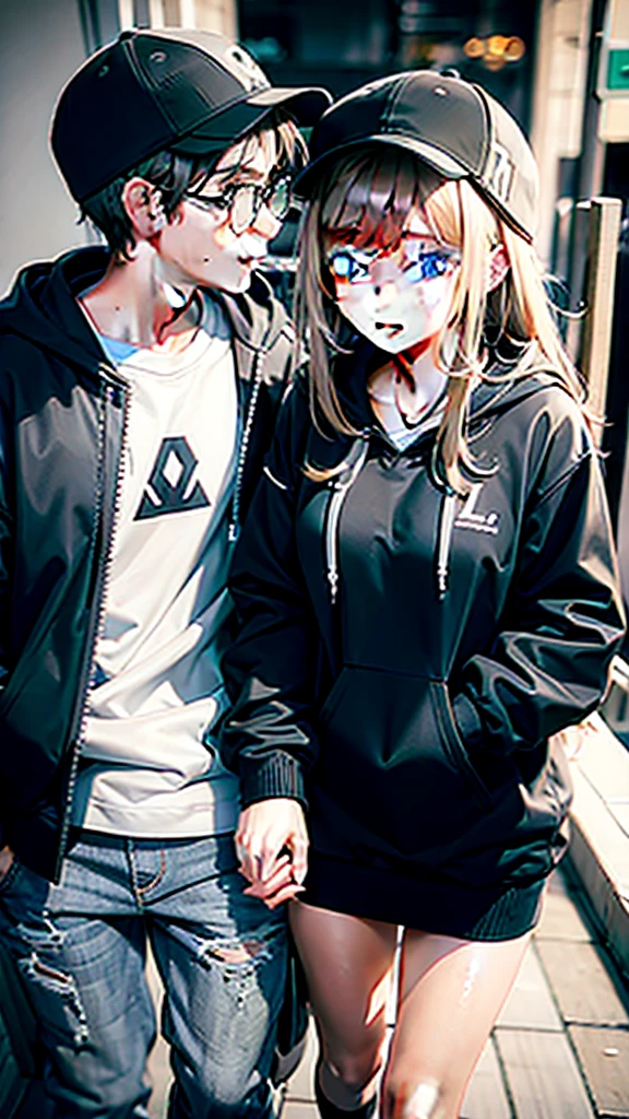 COUPLE WEAR BLACK HOODIES HOLDING HANDS WEARING RIPPED JEANS AND WHITE SHOES WITH LIGHTS AND letter L and Y on each hoodie