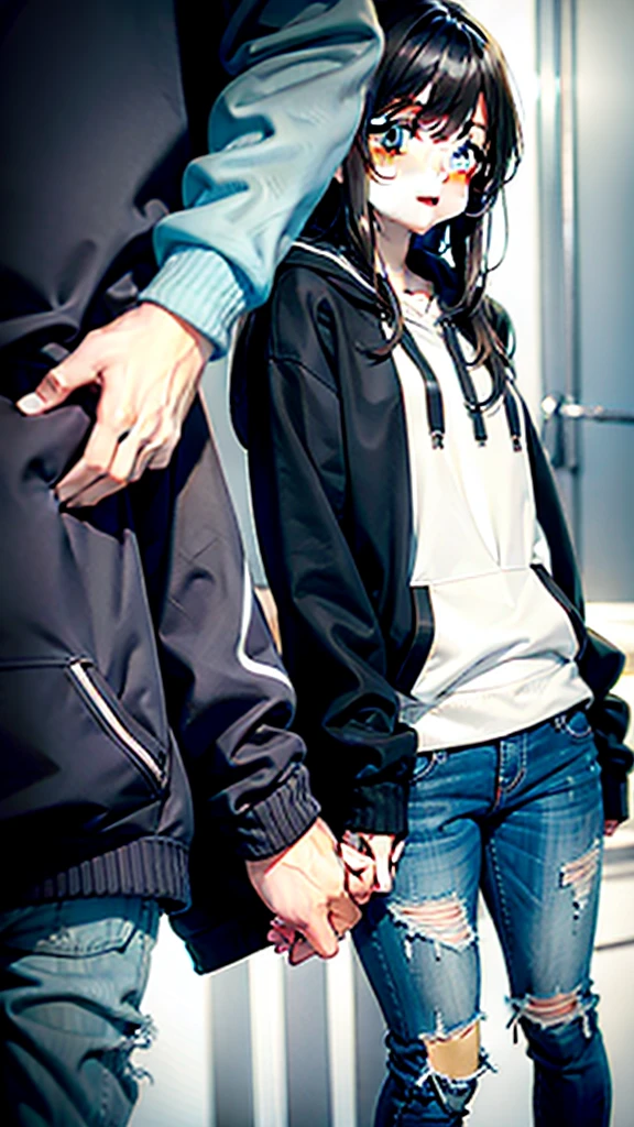 COUPLE WEAR BLACK HOODIES HOLDING HANDS WEARING RIPPED JEANS AND WHITE SHOES WITH LIGHTS AND letter L and Y on each hoodie