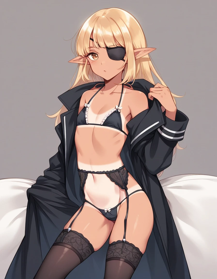 BREAK Perfect Anatomy、(High resolution:1.2)、Incredible illustrations、(Cute illustrations:1.2)、(Beautiful background)(nsfw) (Beautiful background,(on the couch))1gial((blonde hair,shiny hair,hair intakes:1.8,wavy long hair)(cockslut) (Black coat,Gothic combat uniform,Silk Sexy Lingerie,slut,garter straps,pointy ears,bikini tan:1.7),eyepatch:1.8,oversized clothes) half undress),,(a girl, 1.5meters, 40kg),,17-year-old,flat chest)(oversized clothes))