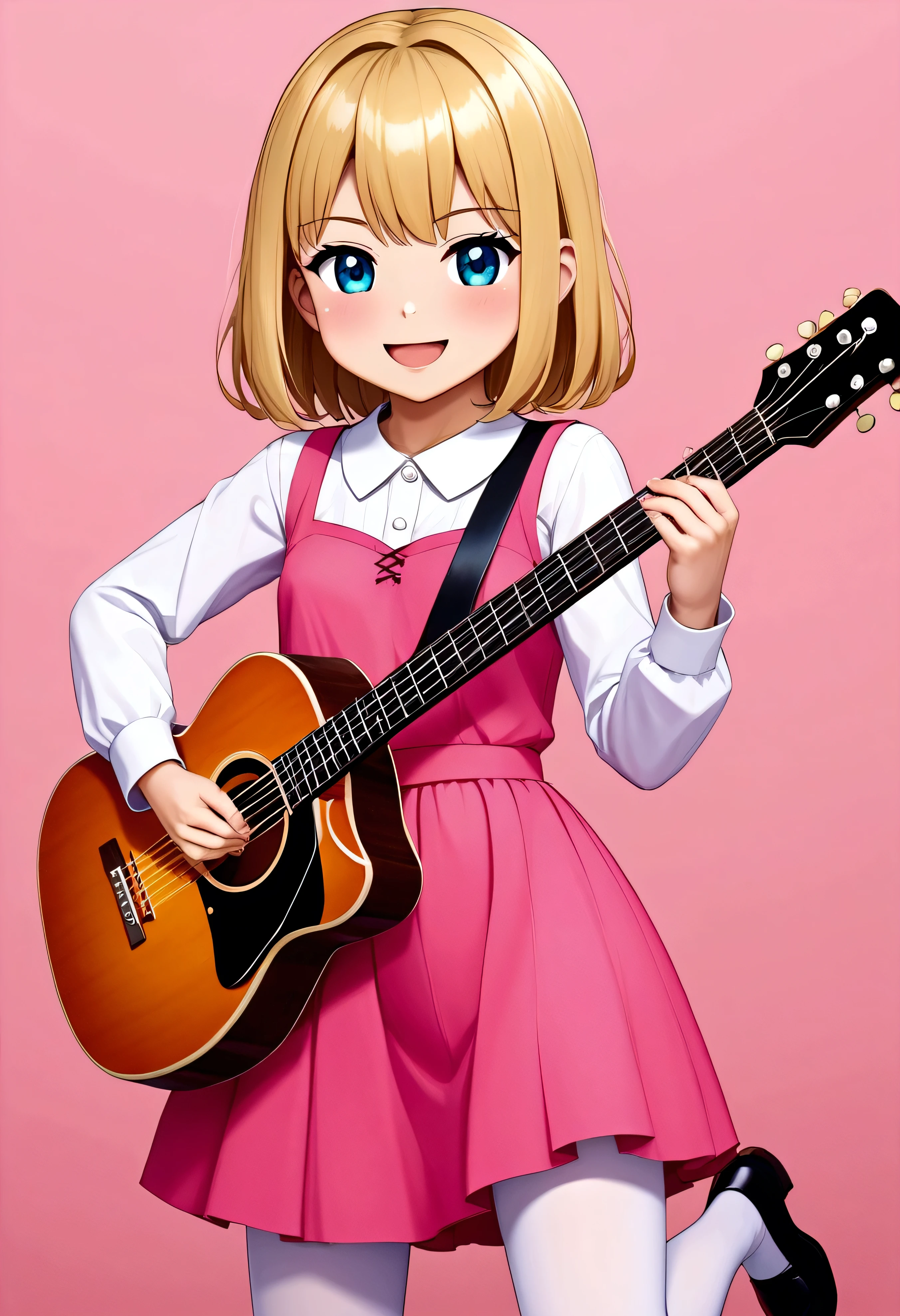 one 、2 year olds、guitar、Pink Dress、Cute blonde、、Kids Room、toy、stuffed toy、Pink Background、educate、Anime for children、Cute 2 year olds singing and playing the guitar、((3Head-to-body ratio infant:1.3))