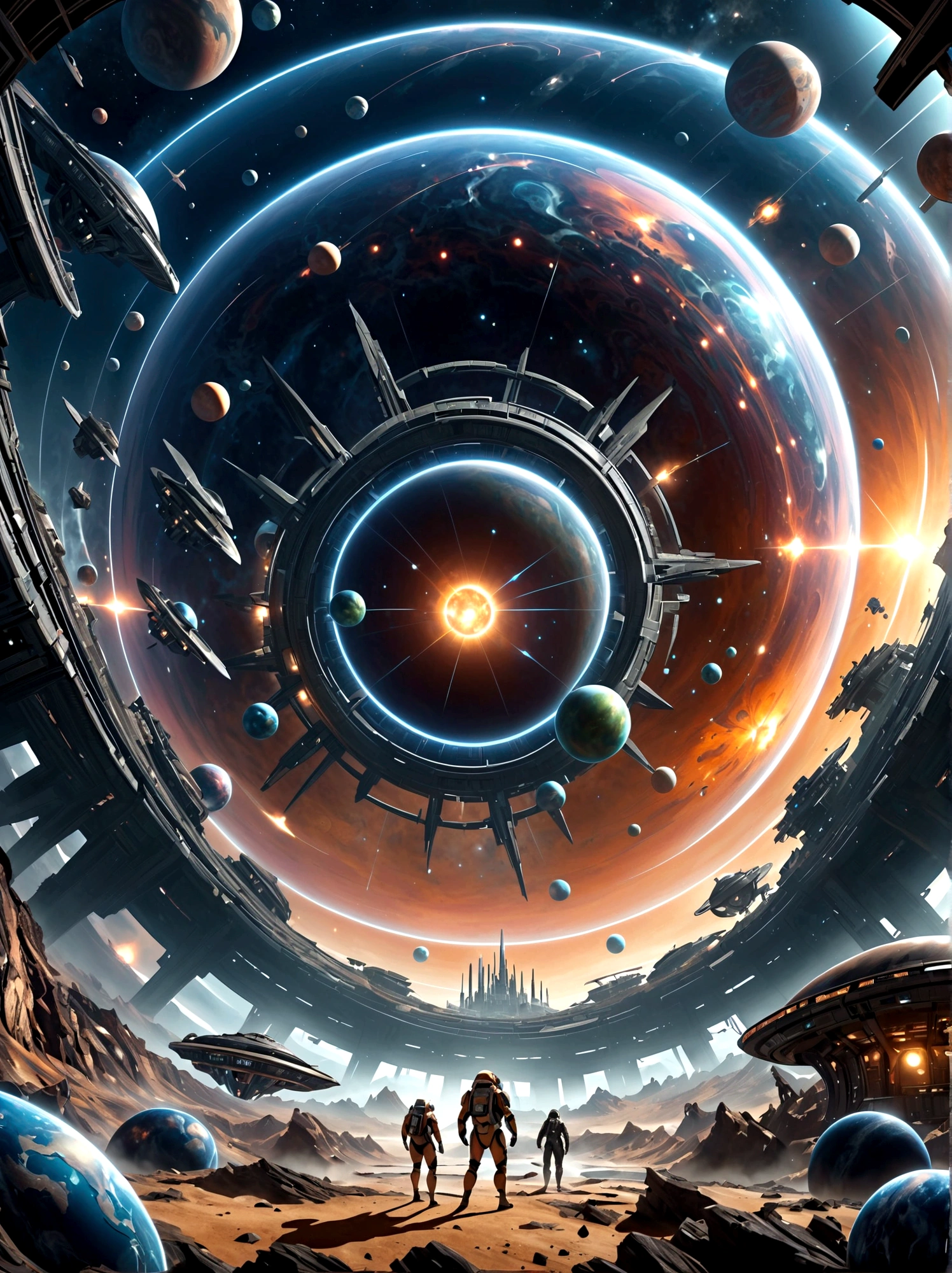 Generate an image featuring a sci-fi crossover scene. On one side, present an alien landscape with vast, intricate ancient alien architectures - a homage to the expansive universe of a popular intergalactic video game set in the 22nd century. On the other side, the scene contrasts with the claustrophobic and horror-filled atmosphere of a ruined spaceship drifting in the vastness of space, reminiscent of a famous survival horror video game. The center displays a clash between the action-packed combat technology and weaponry from one universe and monstrous alien life forms from the other. No specific characters are featured.