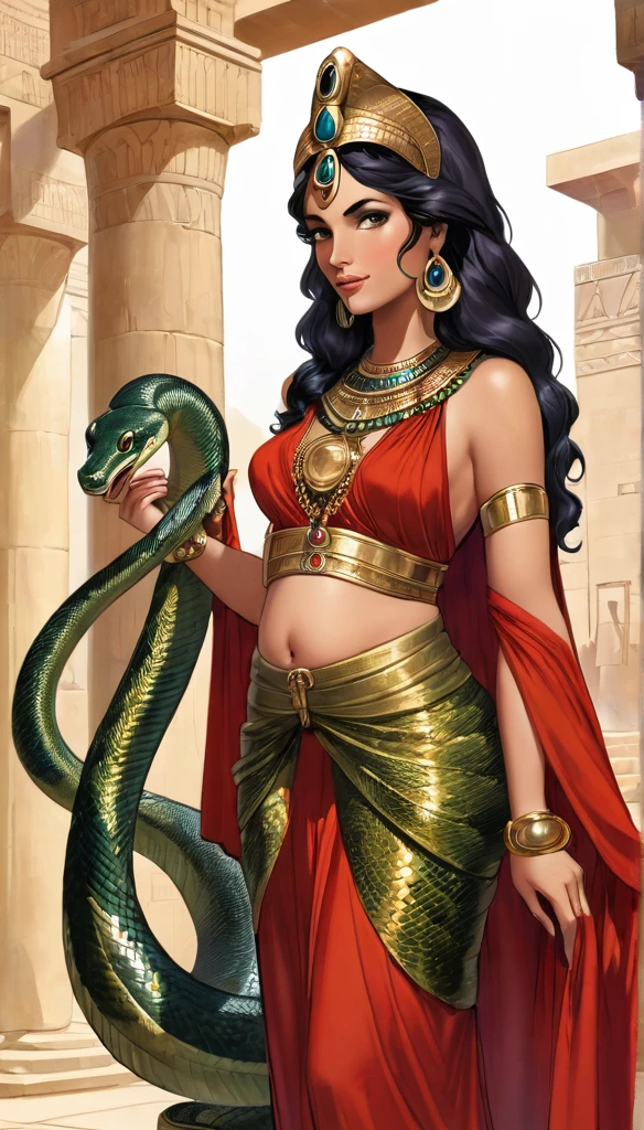 Femme de 30 ans, égyptienne, corps généreux , a l'Égypte antique, avec une très forte poitrine, a la peau de serpent, dans un temple égyptien, porte une robe rouge et maron couleur sable, moule le corps, vêtements transparent, femme avec de long cheveux raide noirs orné de nombreux bijoux, la femme est très enceinte de serpent, sa poitrine est gonflé de lait, la femme a des crochets de serpent visible lorsqu'elle sourit, la femme a des yeux doré a pupilles reptilienne, la femme et une femme serpent