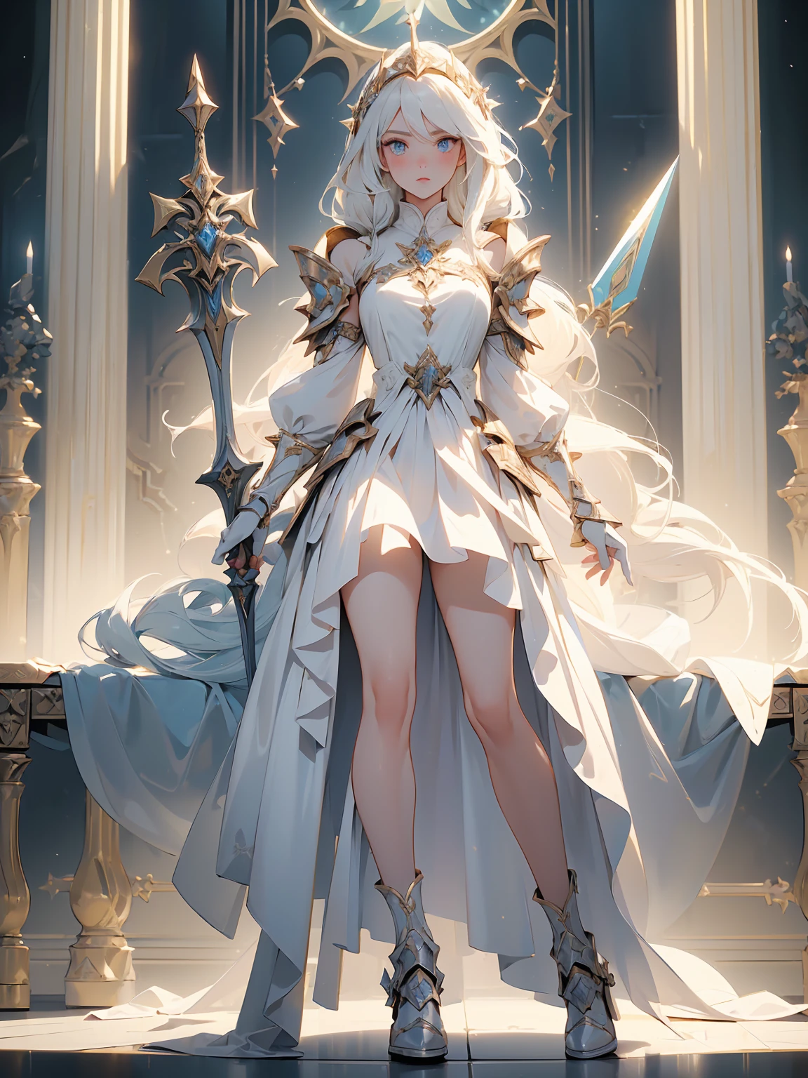 (((masterpiece, best quality, high detailed, 8k))) Design a layout showcase Gaming character, (1girl). White|Gold clothes, stylish and unique. ((showcase weapon:1.4)), holy scepter. (masterpiece:1.2), (best quality), 4k, ultra-detailed. (Step by step design, layout art:1.5), (luminous lighting, atmospheric lighting). priestess, ((glove full hands)), (((revealing clothes:1.3))), vambraces, armored legwear, (((full_body_shot:1.4))). {In a sacred temple}.