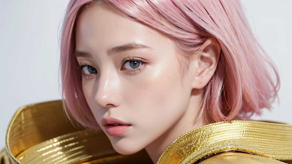 plays piano, 20 years old, long hair, fair skin, beautiful woman, rosian、gold hair 、high quality,masterpiece,extremely detailed,high res,4k,ultra high res,detailed shadow,ultra realistic,realistic,dramatic lighting,1girl,solo,detailed face,realistic eyes,realistic skin,dynamic pose,short hair cut,white background (masterpiece:1.3), (8k, photorealistic, RAW photo, best quality: 1.4), (1girl), beautiful face, (realistic face), (pink hair, short hair:1.3), beautiful hairstyle, realistic eyes, beautiful detailed eyes, (realistic skin), beautiful skin, (sweater), absurdres, attractive, ultra high res, ultra realistic, highly detailed, golden ratio、