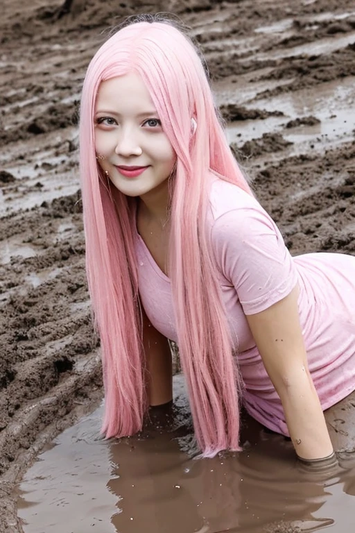 Adult girl Have long pink hair in mud
