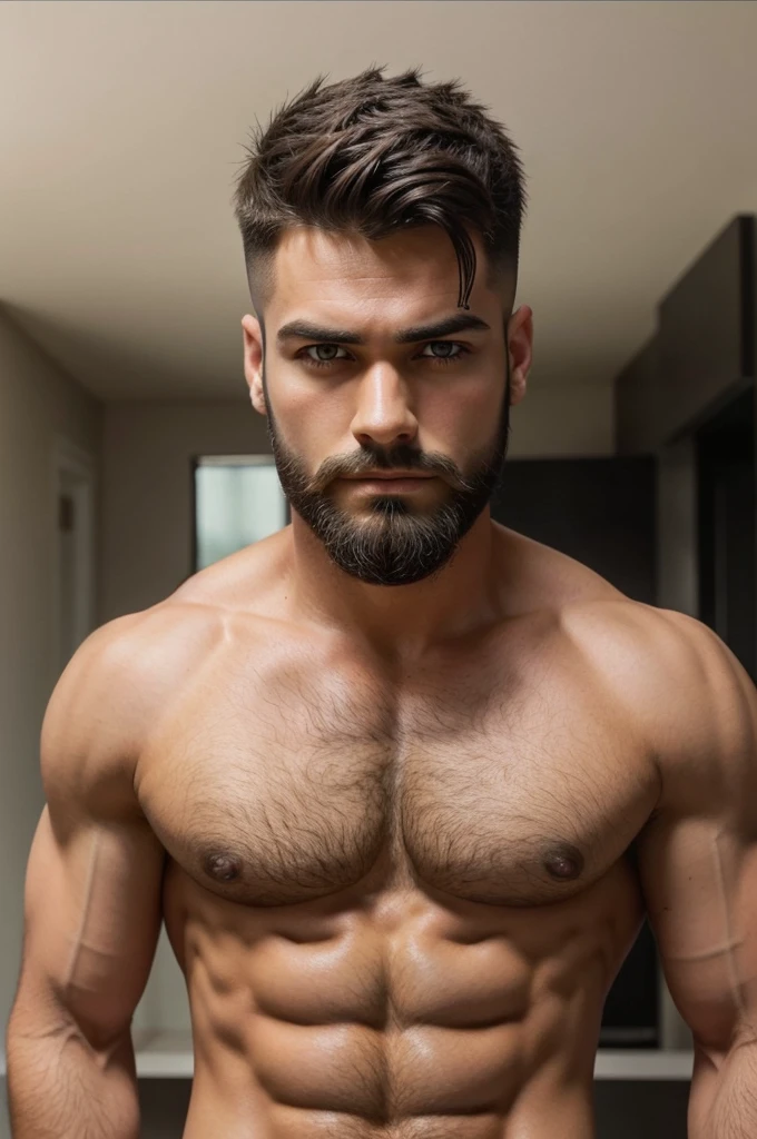 Make a handsome man who have square face shape with spiky low fade haircut or french beard and perfect six pack abs body
