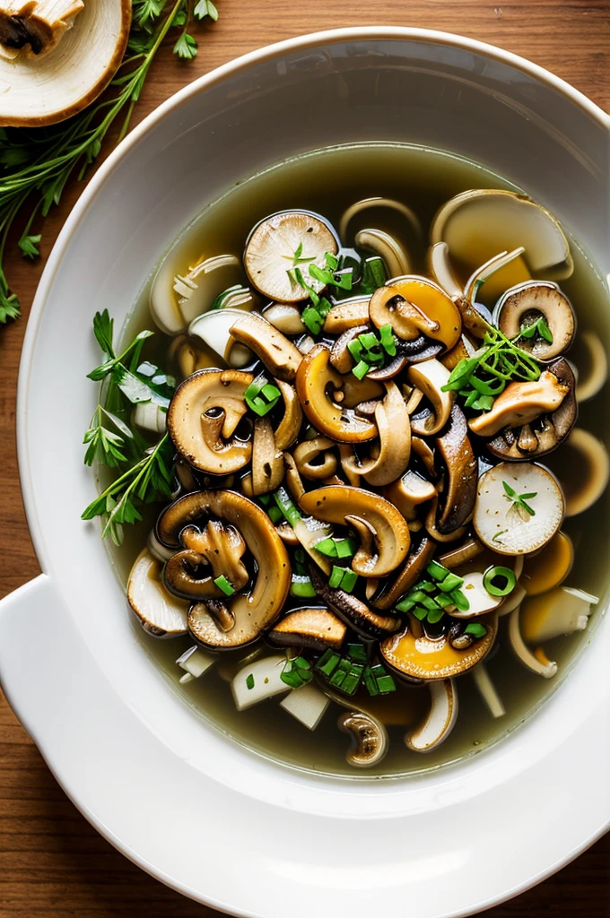 Wild Mushroom Consommé: A clear and intensely flavored broth made from wild mushrooms, sometimes garnished with delicate mushroom slices and herbs.

