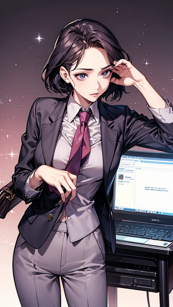 A woman in a sharp pantsuit with a ribbon tie、Carry a stylish handbag、Inserting a floppy disk into a computer on the luxurious Cassiopeia sleeper train